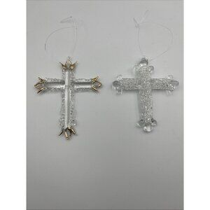 Art Glass Clear & Gold Spun Christmas Tree Crosses Set Of 2 Holiday Decor